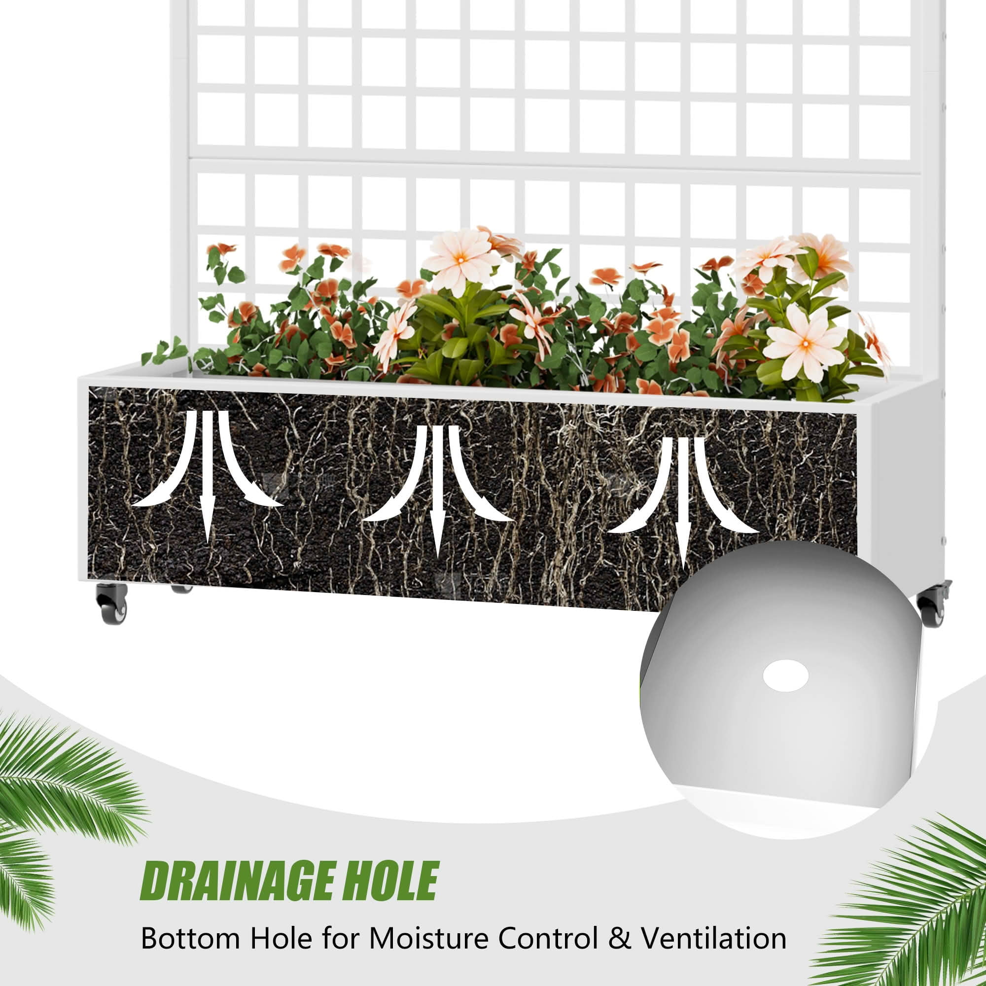 MAYEERTY 72X47" Metal Outdoor White Privacy Screen with Planter Box for Backyard & Garden, 5 Piece Set