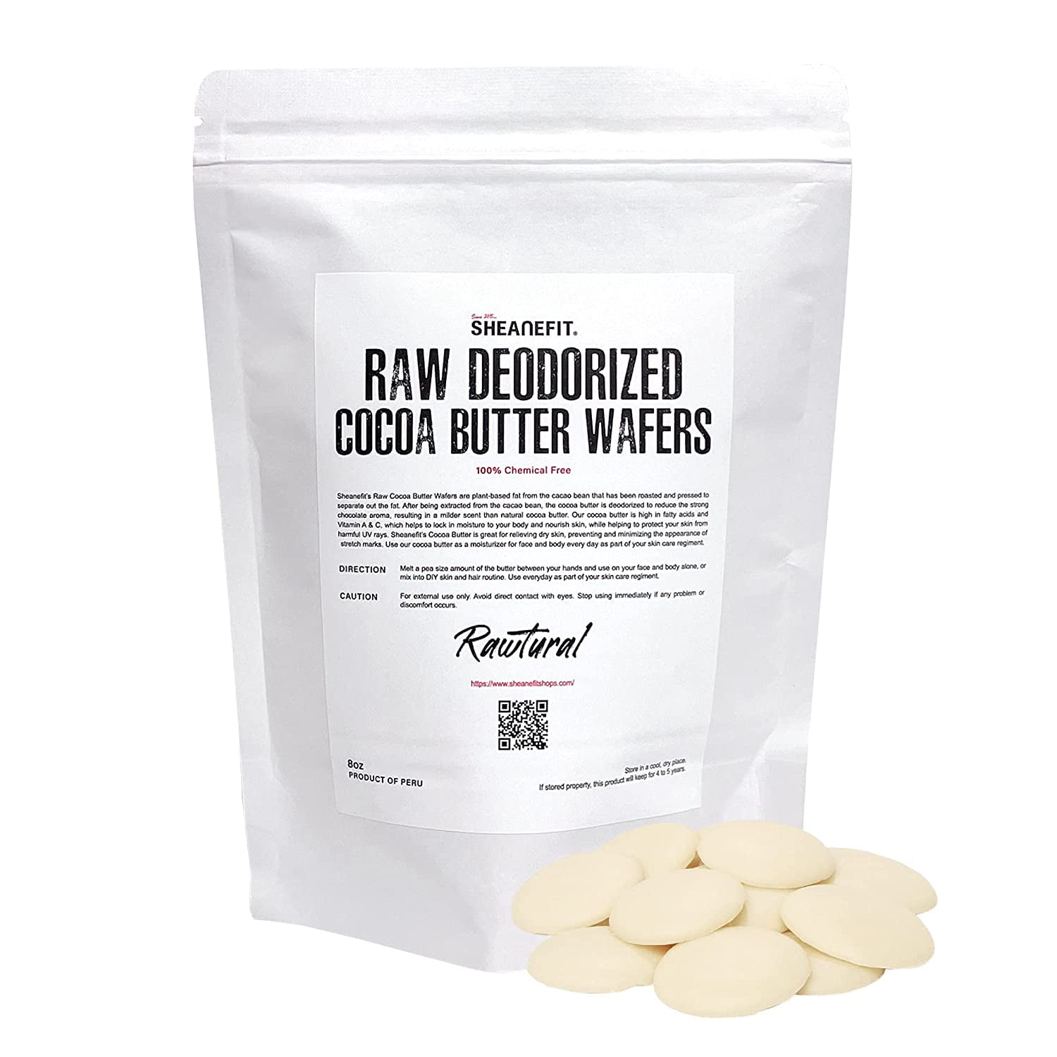 Sheanefit Deodorized Cocoa Butter Wafers 8oz Resealable Pouch