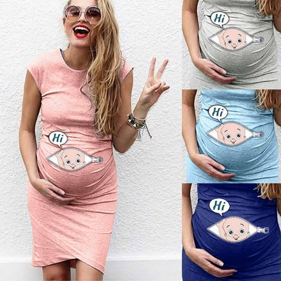Jinhomg Womens Fashion Maternity Dress Funny Graphic Print Midi Pregnancy Dress Casual Comfy Sleeveless Bodycon Dress Clearance Items for Women Gray S
