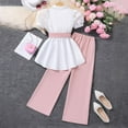 thumbnail image 6 of Huowey Girls Summer Outfit Solid Color Short Puff Sleeve Button Bown High Low Turndown Collar Shirt Straight Leg Trousers Two Piece Stylish Clothing Set Spring Travel Clothes,Pink,11-12 Years, 6 of 9
