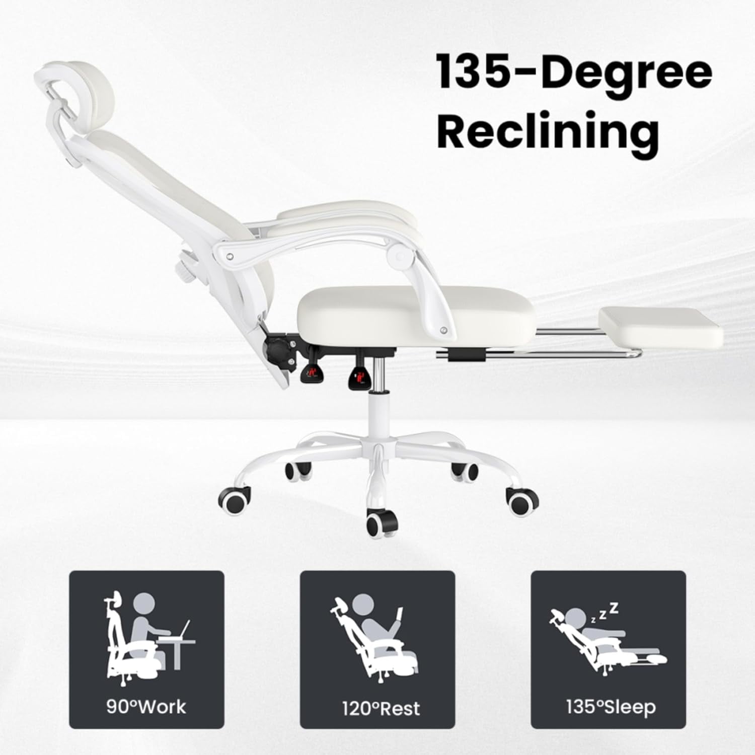 BISHE Ergonomic Office Chair with Footrest & Adjustable Headrest, Reclining Computer Chair with Customizable Lumbar Support, Breathable Mesh Back & Seat, 360° Swivel Wheels, Beige