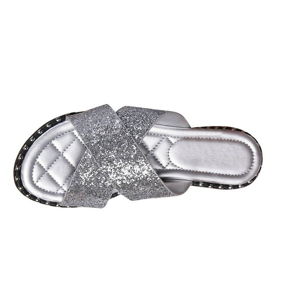 Virmaxy Womens Flat Sandals Women's Summer New Plus Size Frosted Sequin Line Over Beach Flats Light Sandals Silver 42