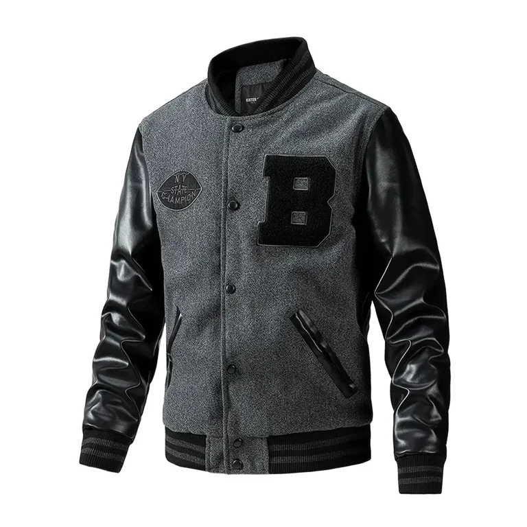 Custom Varsity Letterman Baseball Jacket Gray Leather & Black 