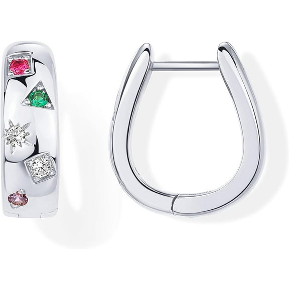 PRIYAL 14K Gold Plated 925 Sterling Silver Posts Chunky Huggie Earrings for Women | Multi-Colored Cubic Zirconia Statement Hoop Earrings