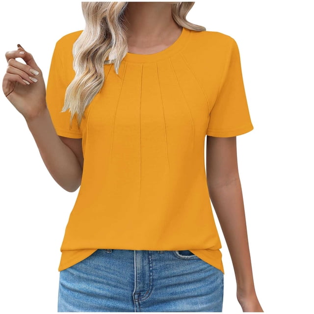 Timegard Hauts d'Été pour Femmes Col Rond Manches Courtes Tunique Plissée Confortable 2024 T-Shirt Chic Décontracté