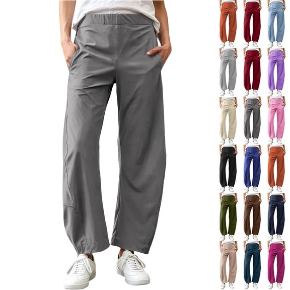 Tqcoqu Women's Nylon Quick Dry Cropped Barrel Wide Leg Pants, Elastic Waist Harem Straight Leg Casual 9/10 Length Trousers ith Side Pockets