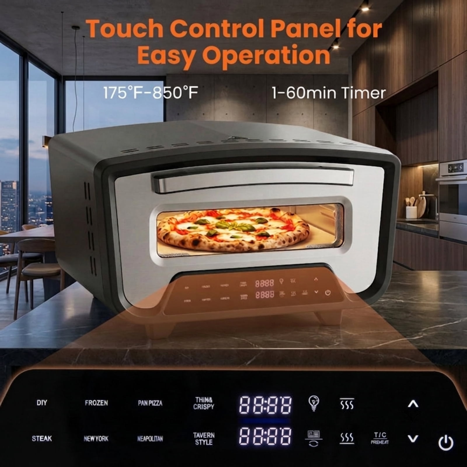 RUIE Indoor Electric Pizza Oven for 12 Inch Pizzas, 1700W Countertop Pizza Maker with 8 Presets 850F Pizza Stone and Peel for Home Kitchen, Black