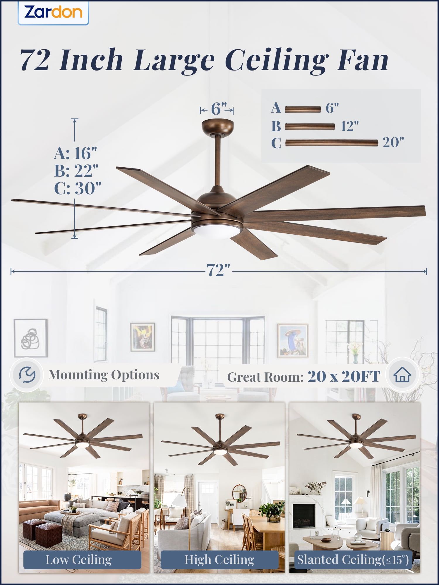 Zardon 72 inch Large Ceiling Fan with Light and Remote, Modern Ceiling Fan with 8 Reversible Blades, 6 Speed, for Indoor Outdoor, Bronze