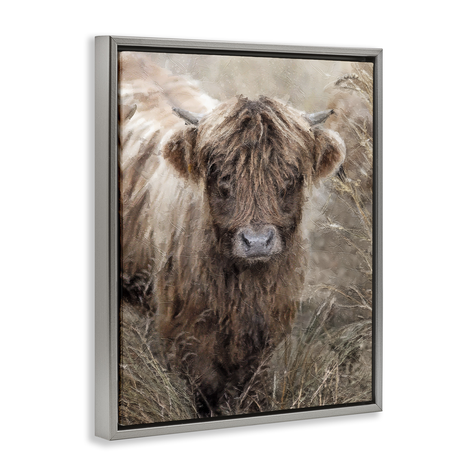 Stupell Industries Baby Cattle with Reeds Animals & Insects Painting Gray Floater Framed Canvas Art Print Wall Art, 25 x 31