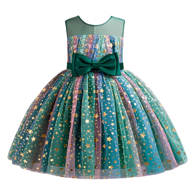 BYHONG Robe d'Été Décontractée pour Enfants Filles Robe de Concours en Tulle Robe de Soirée Nœud Papillon Sans Manches Verte 2-3 Ans Robes d'Été Décontractées pour Filles
