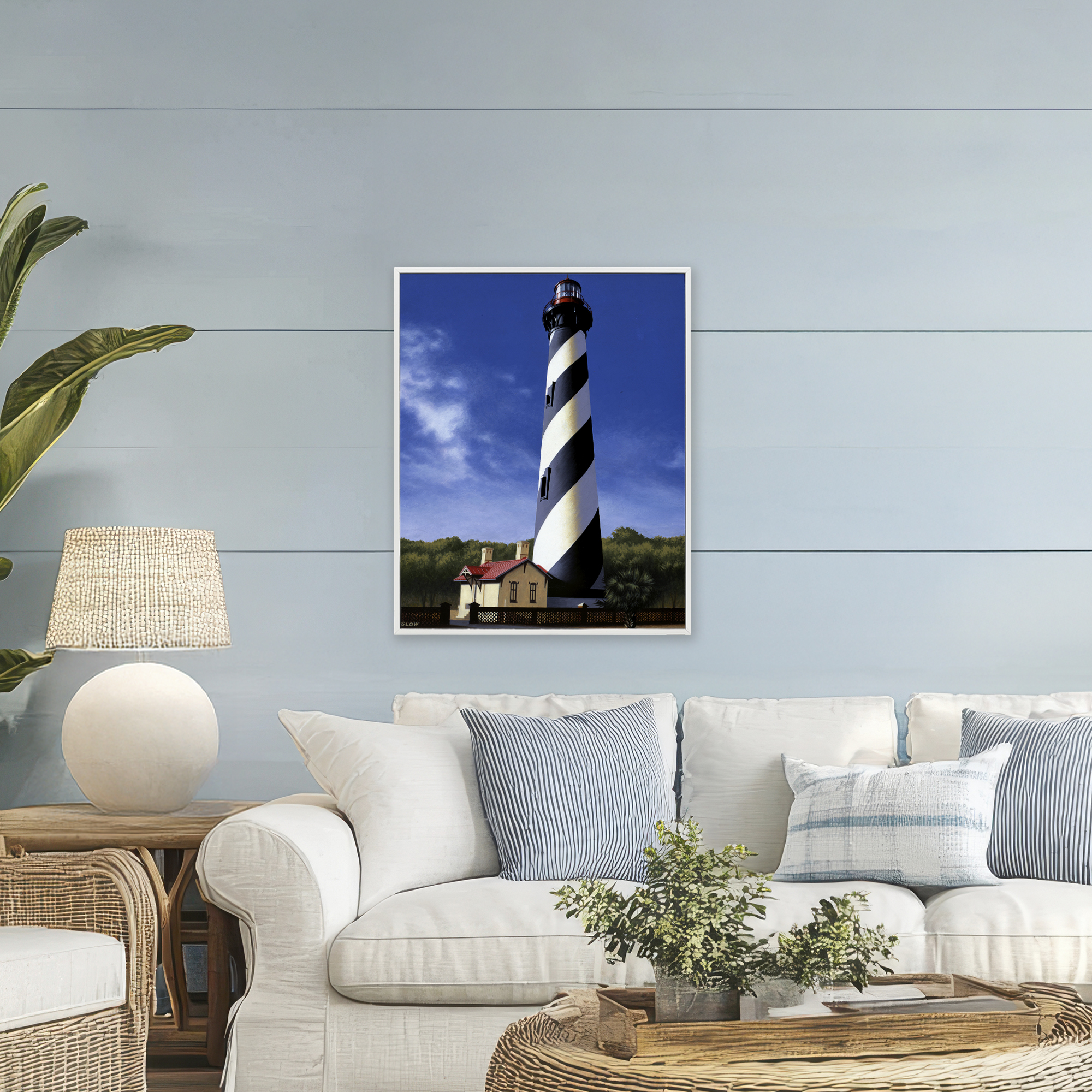 St. Augustine Lighthouse White Framed Giclee Art, design by Wind River Studios