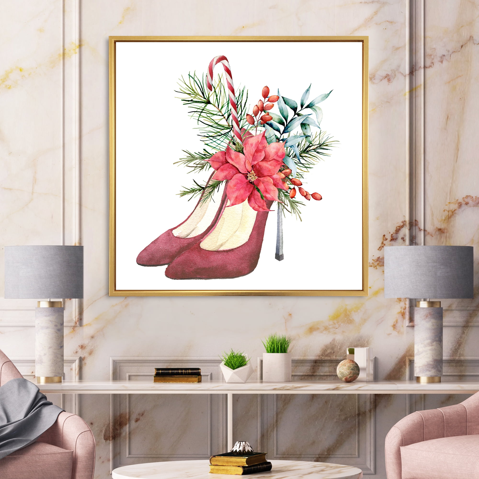 Designart 'Red Suede Heeled Shoes With Christmas Red Floral Decor' Traditional Framed Canvas Wall Art Print