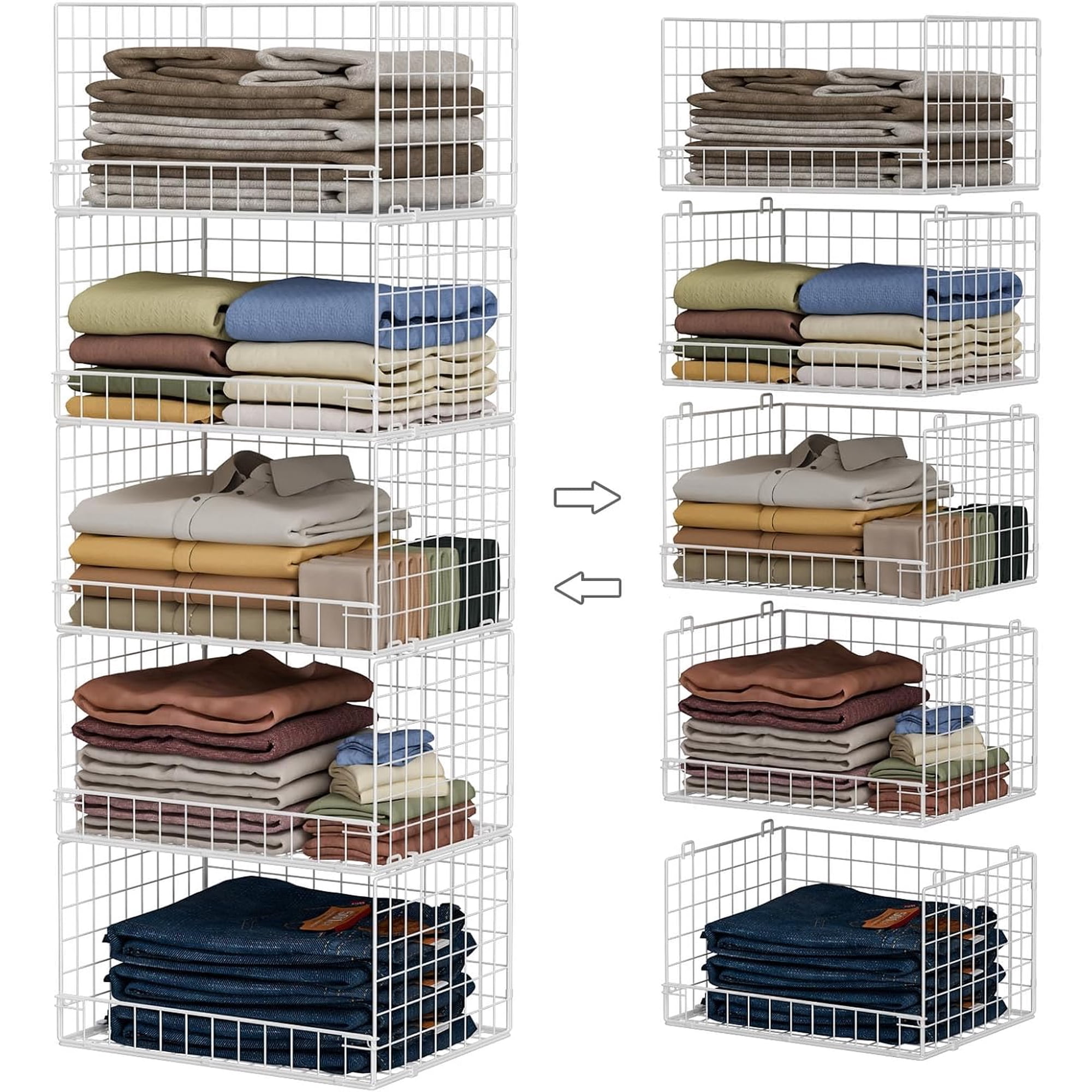 5-Tier Stackable Closet Organizers and Storage Basket - Foldable Shelf Organizer System, Space-Saving Clothes Bins Drawer for Wardrobe, White (Patent 30022416)