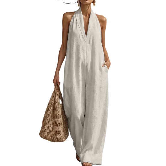 Minimalist Elegant Linen Jumpsuit for Women Sleeveless Halter V Neck Loose Wide Leg Pants Casual Summer Rompers White XL