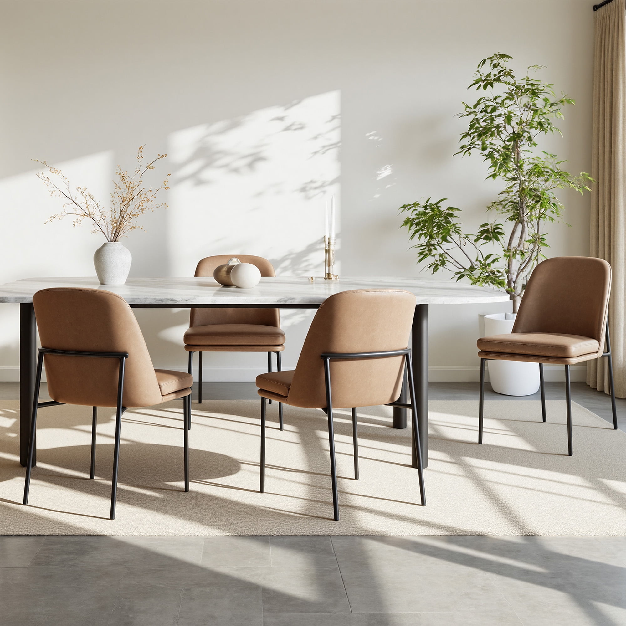 Spruce & Spring Modern Upholstered Dining Chair with Metal Legs Set of 2, Faux Leather in Saddle Brown