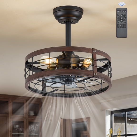 Lokivas 16.5 Inch Light Walnut Caged Ceiling Fan with Light, Industrial Fandelier with Remote Control, 6-Speed & Timer, Farmhouse Style for Kitchen, Bedroom, Covered Patio