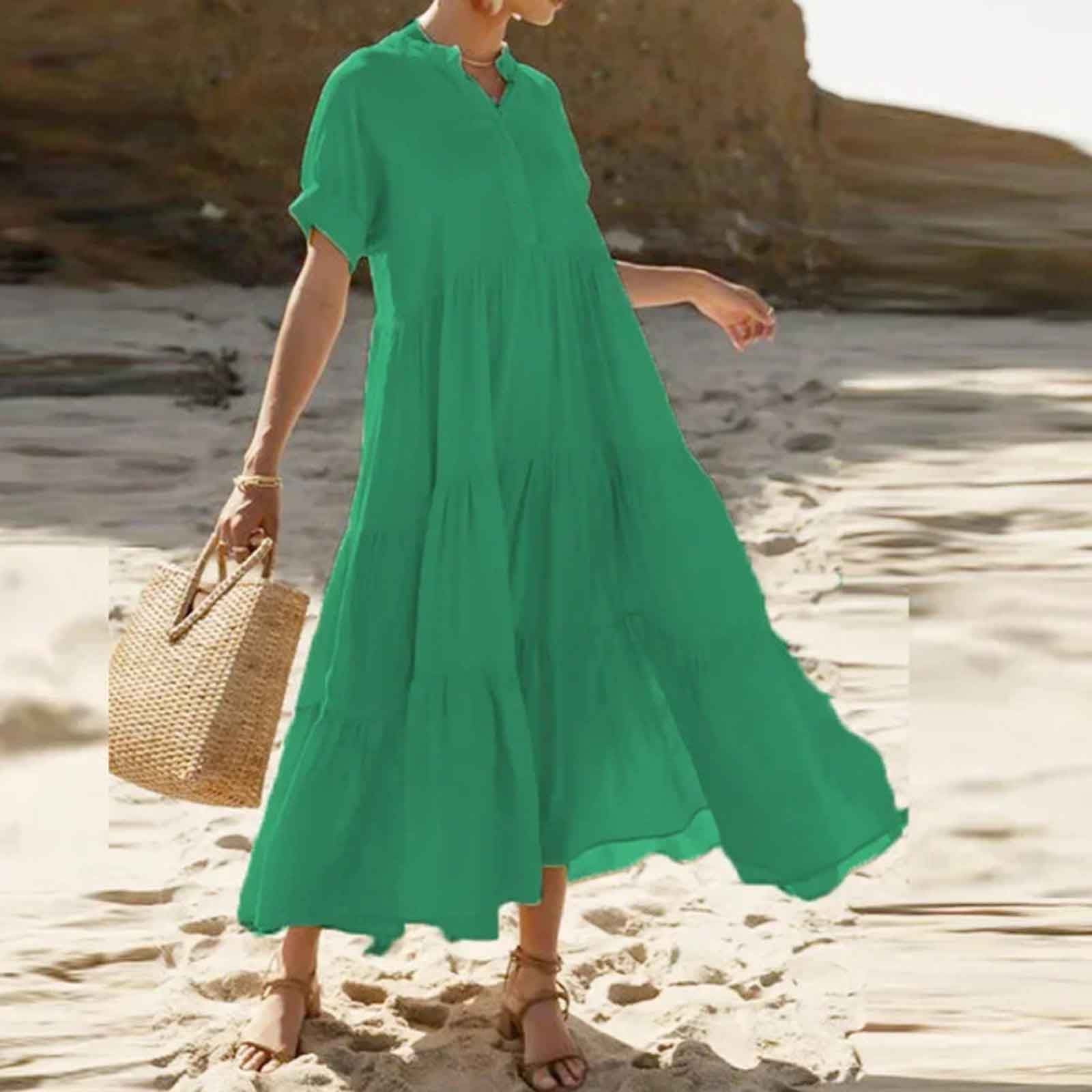 Sentmoon Summer Dresses Fashion 2026 Solid Color Dresses Short Sleeve V Neck Button Down Wedding Pleated Breathable Regular Fit A Line Dresses for Women for Indoor and Outdoor