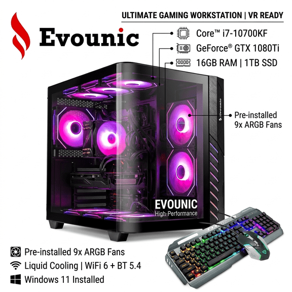 EVOUNIC High-Performance Gaming PC– i7-10700KF, GTX 1080Ti, 16GB, 1TB SSD, WiFi6, BT5.4, 9×Argb Fans, Win11