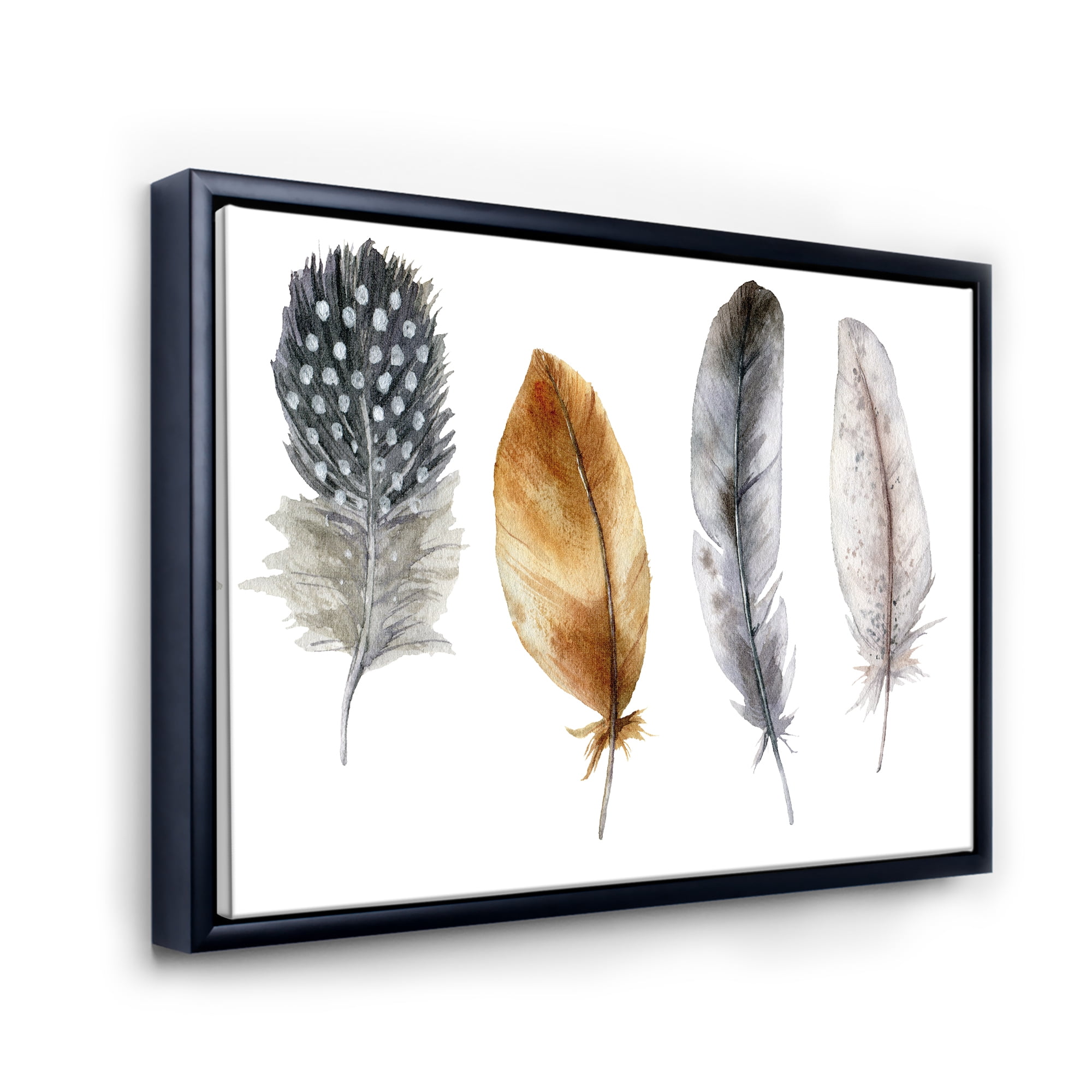 Designart 'Boho Feather In Blue and Orange Striped & Polka Dost' Bohemian & Eclectic Framed Canvas Wall Art Print
