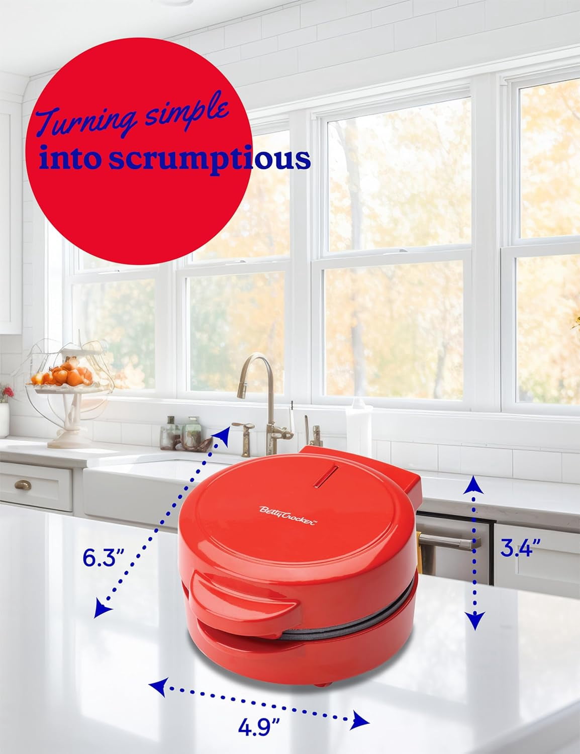 Betty Crocker Mini Waffle Maker, 550W Compact Kitchen Appliance, Quick & Even Heat for Home and Kitchen, Makes 4.5" Waffle, 4.9" Non-Stick Plates, Recipes Included, BC-4888R, Red