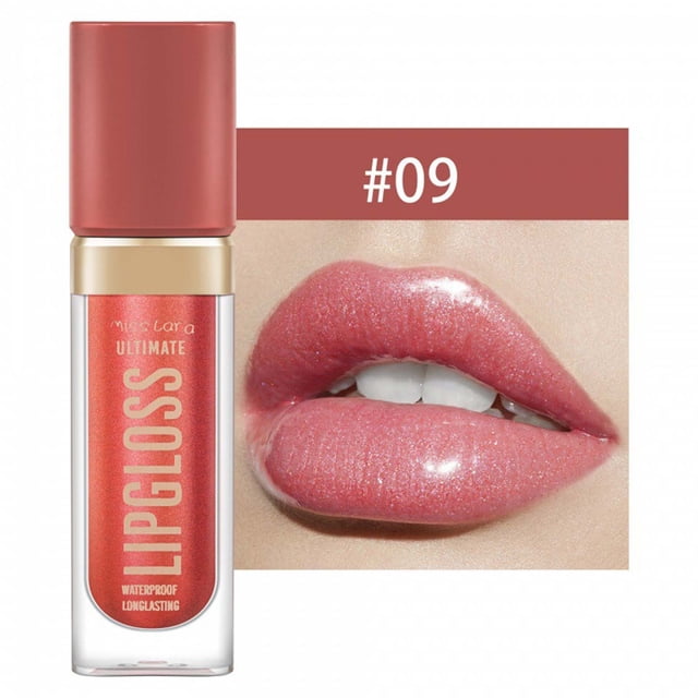 xihbxyly brillo labial hidratante y duradero con efecto duradero que no se desvanece. Envase transparente con tapa rosada y tubo en tono coral-rosado; primer plano frontal de labios con brillo coral rosado brillante y microbrillos; etiqueta vertical "LIPGLOSS" visible y cuadro superior con marcador de tono "#09"; especificación lista como multicolor #8.