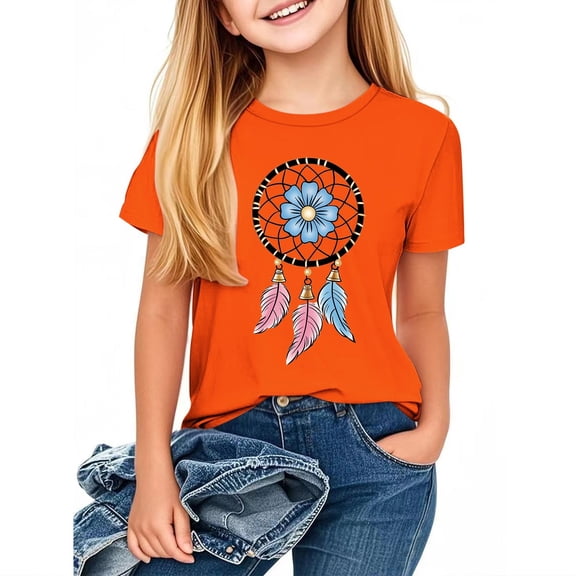 FamilyThread Girls Short Sleeve T Shirts Kids Summer Tops Crewneck Tees Fashion Graphic Crewneck Tops Casual Tees For 2-12Y