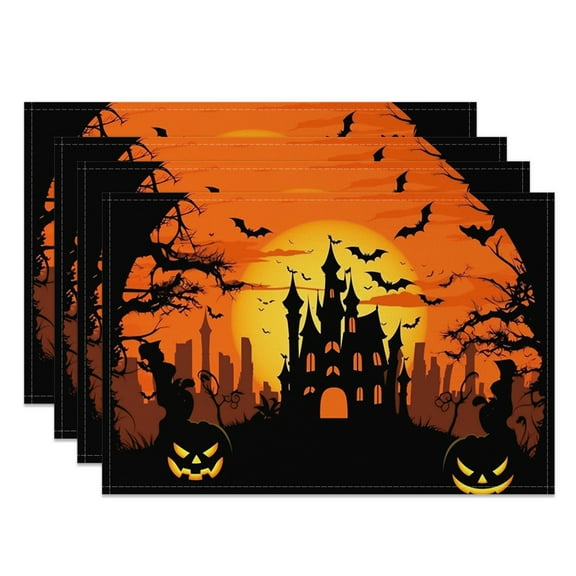 MIZHONA Halloween Placemats Set of 4,Horror Pumpkin Linen Table Mats for Table Decorations 12x18 in