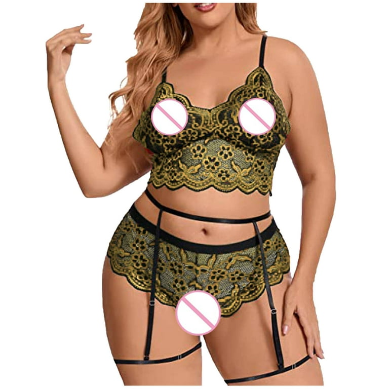 Penkiiy Plus Size Sexy Women Lace Hollow Out Babydoll Underwear Sleepwear  Intimates Thong With Garter Panty Lingerie Set Sexy Bodysuits for Women  XXXL
