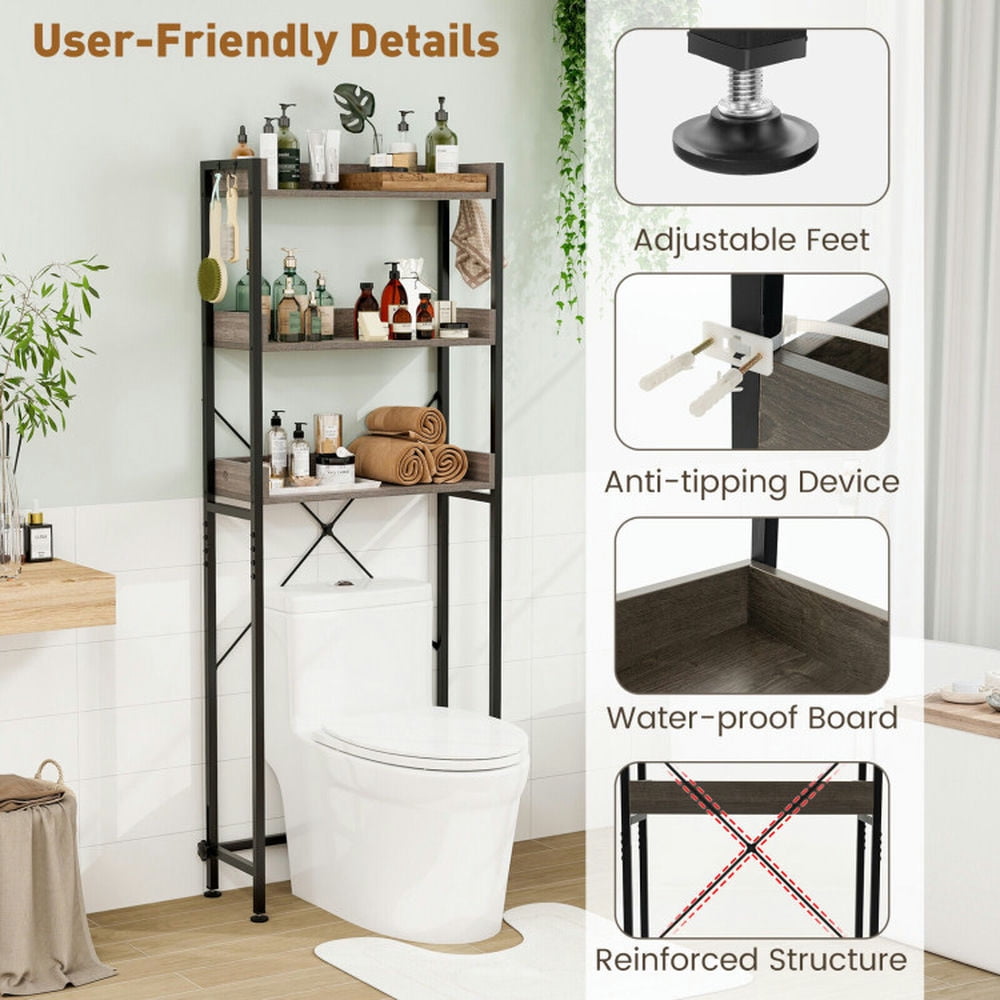 Finihen Toilet Storage Rack, Toilet Storage Shelf, Over The Toilet Storage Rack with Hooks and Adjustable Bottom Bar, for Bathroom, Gray