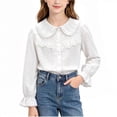 thumbnail image 2 of ITSAME Girls Button Up Shirt Lapel Lace Trim Cotton Ruffle Long Sleeve School Uniform Casual Fashion Tops White Size 14, 2 of 7