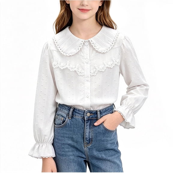 BRGZLK Puff Long Sleeve Shirts for Girls Solid Color Cute Lace Trim Peter Pan Collar Blouse Elegant Casual Button Down Shirt Back to School Outfits White 9-10 Years