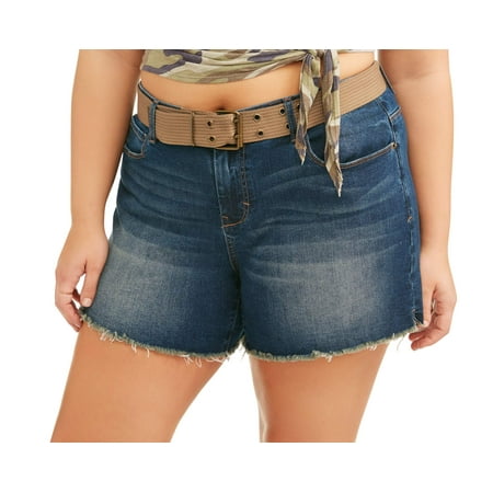 - Women's Plus Belted Raw Fray Hem Boyfriend Denim Shorts