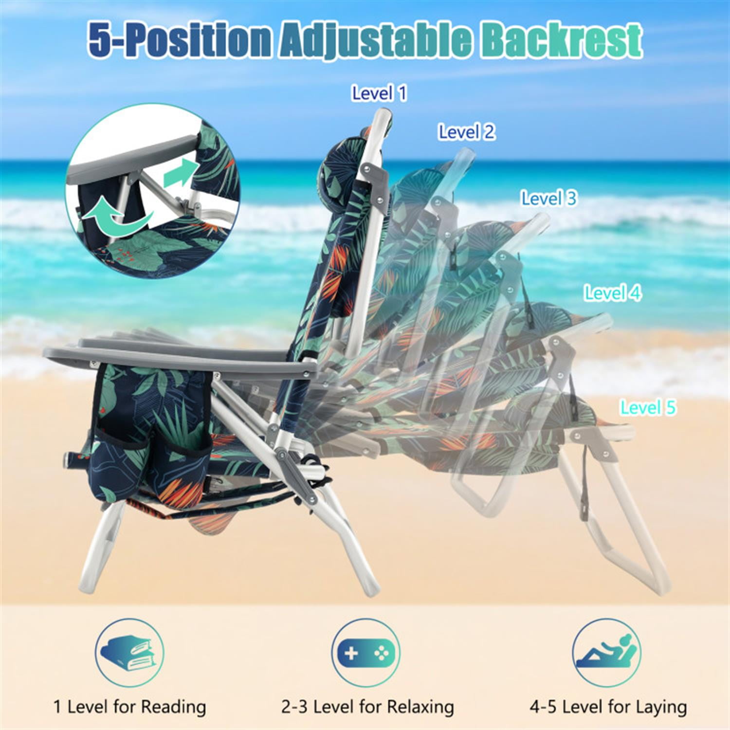 Demi Bonn 2 Pieces Folding Backpack Beach Chair with Pillow, Patio Accent Furniture Lounge Chairs for Yard, Garden, Multicolor