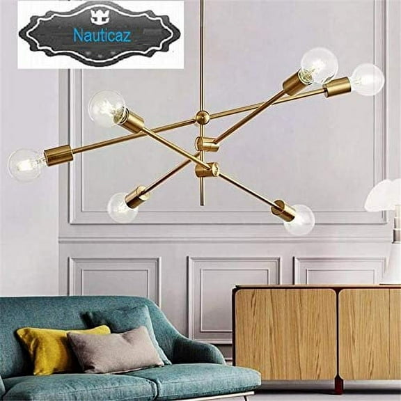 Brass Chandelier Handcrafted Contemporary 6-Light Modern Adjustable Ceiling Pendant Brass Light