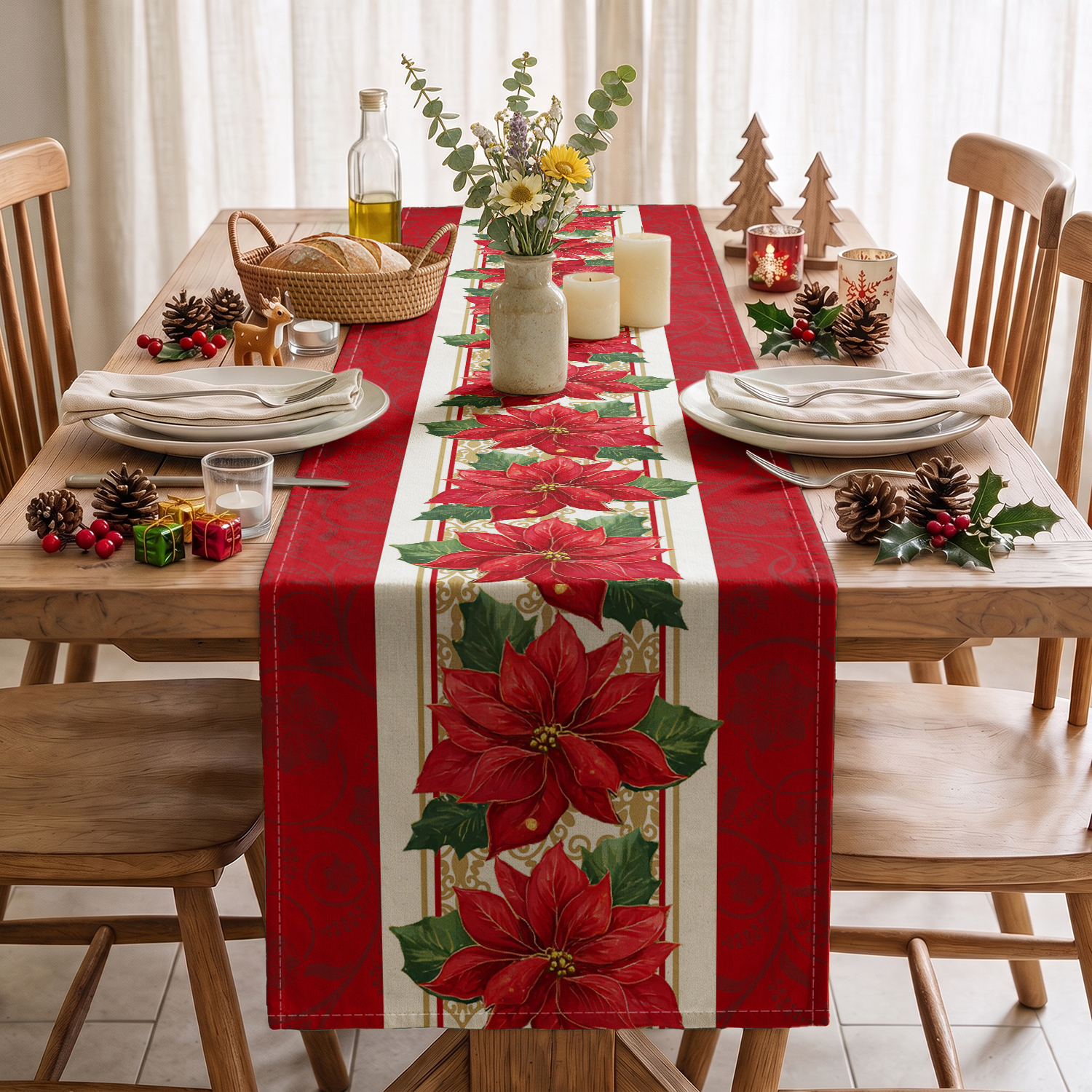 Sm:)e Poinsettia Christmas Table Runner, Red photo 3