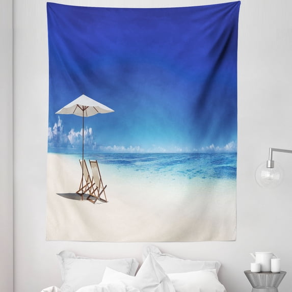 Beach Tapestry, Deck Chairs on Tropical Beach Panoramic Holiday Themed Summer Season Photo, Fabric Wall Hanging Decor for Bedroom Living Room Dorm, 5 Sizes, Cobalt Blue and Ivory, by Ambesonne