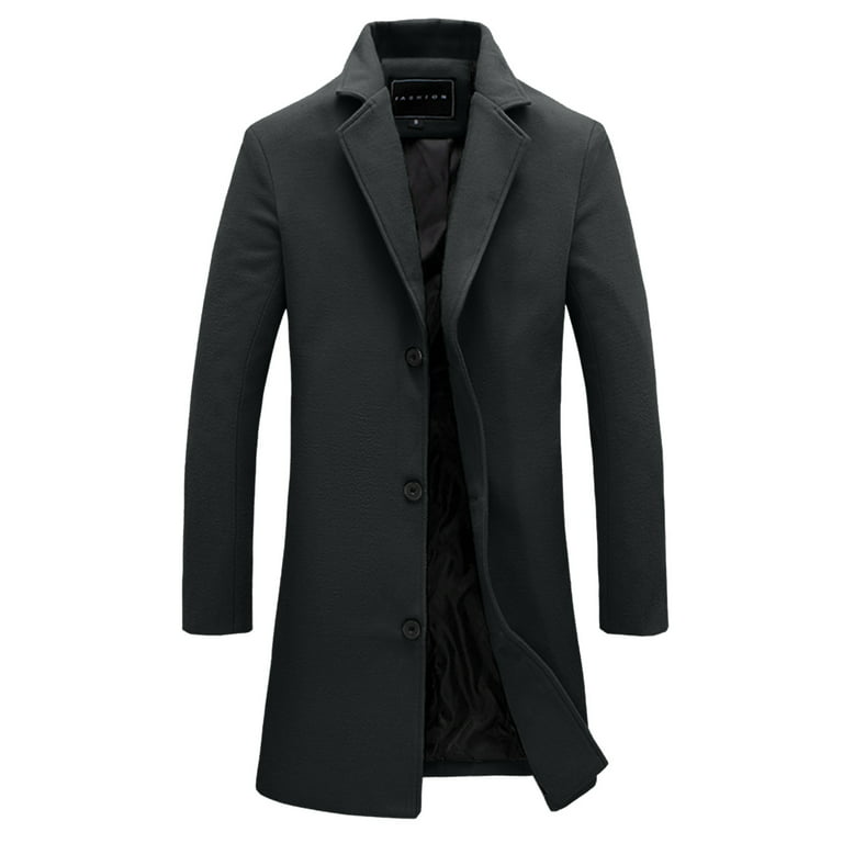 haxmnou men wool coat winter trench coats long sleeve button up jacket  outwear overcoat grey l（Please Buy One Size Larger）
