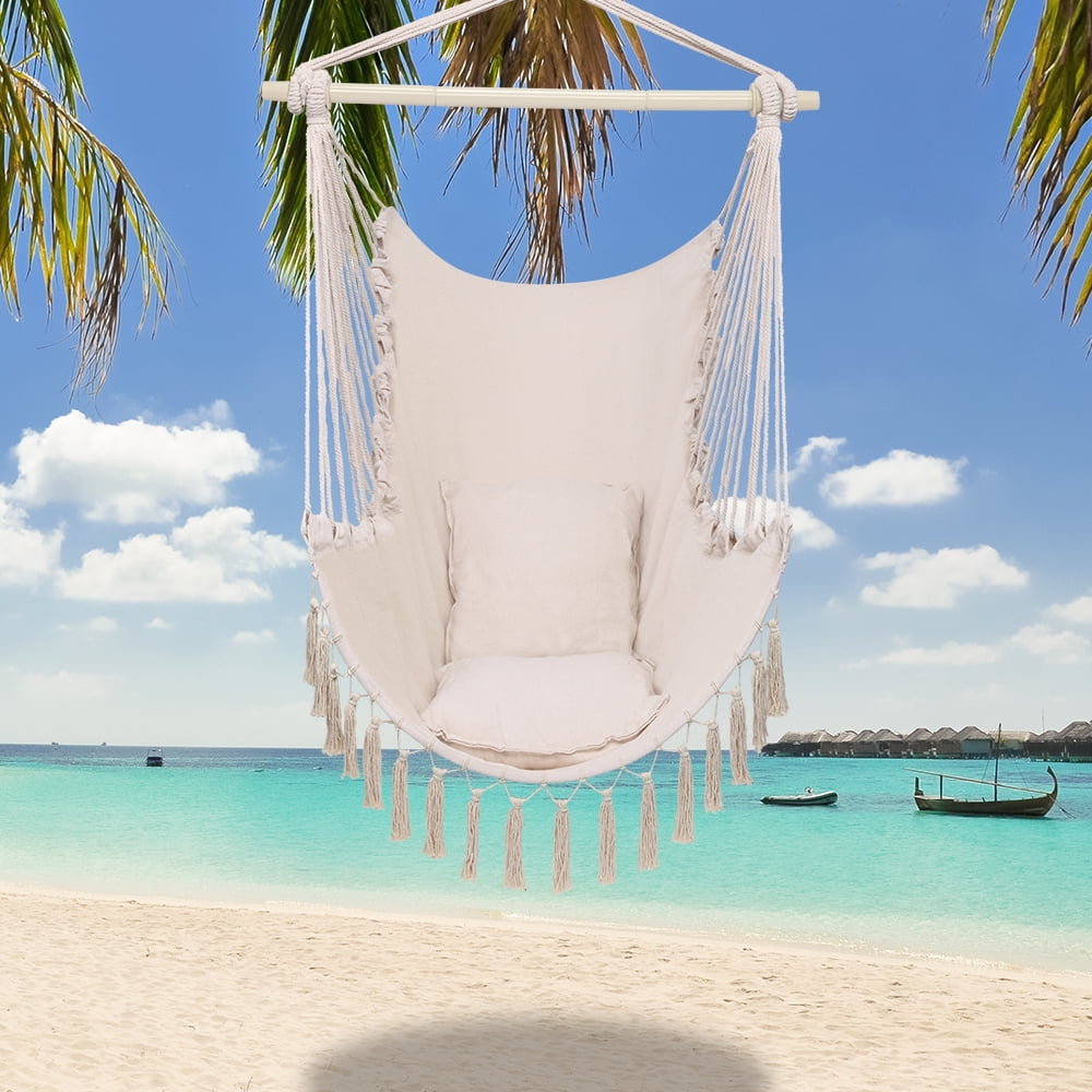 BAYUELSWU Hammock Chair with 2 Cushions, Hanging Rope Rope Swing with Tassel for Indoor/Outdoor, Garden Yard, Backyard, Living Room (Beige)