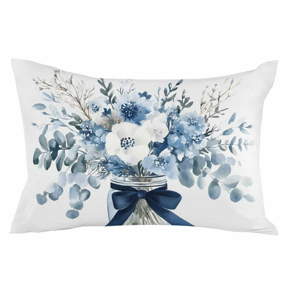 Blue Spring Floral Throw Pillow Cover 20 x 30 Inch Decorative Pillow Cover Watercolor Summer Flowers Lumbar Pillowcase Seasonal Rectangle Cushion Case for Couch Sofa Bed Living Room