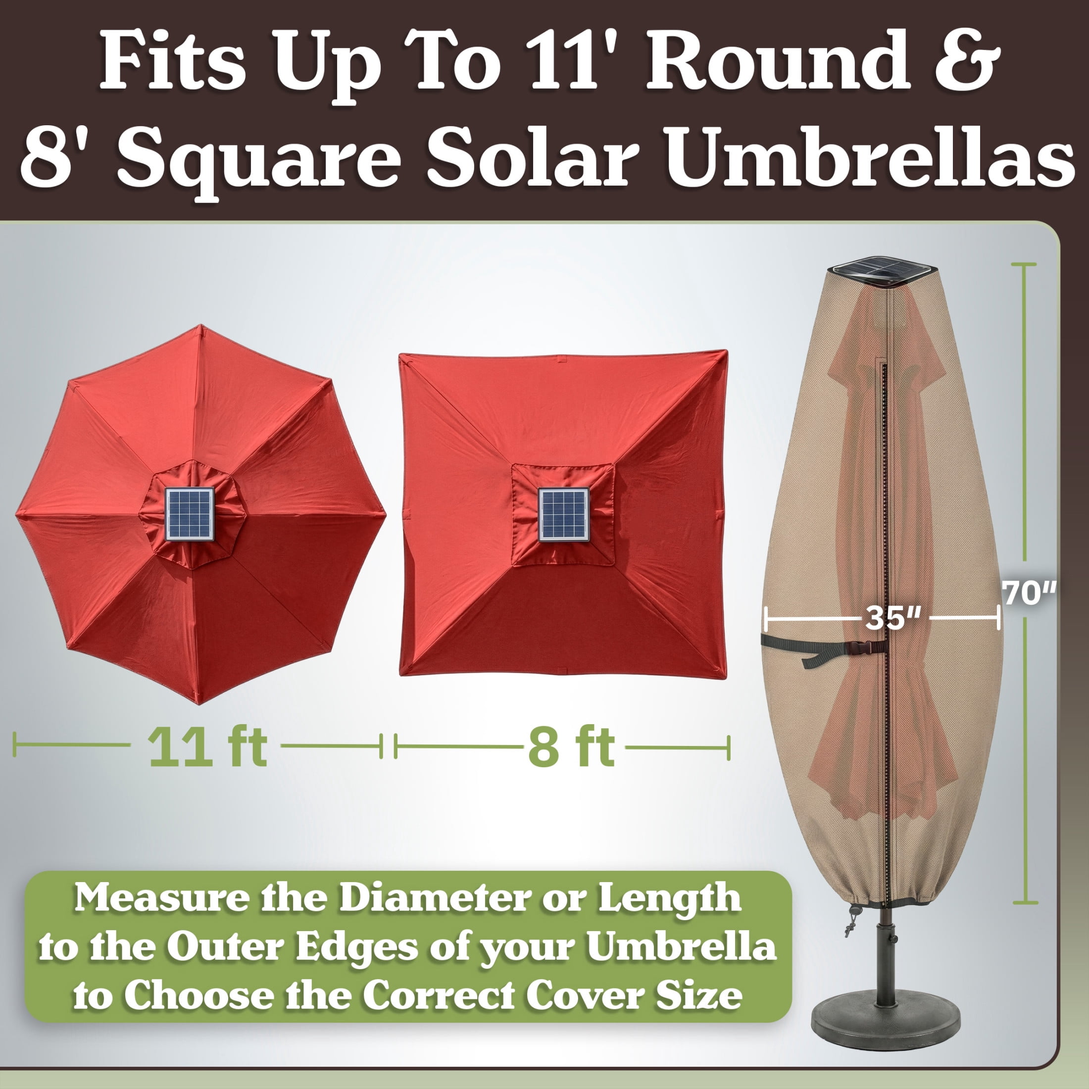 Pure Garden Waterproof Solar Outdoor Umbrella Cover for 11ft Round or 8ft Square, Tan