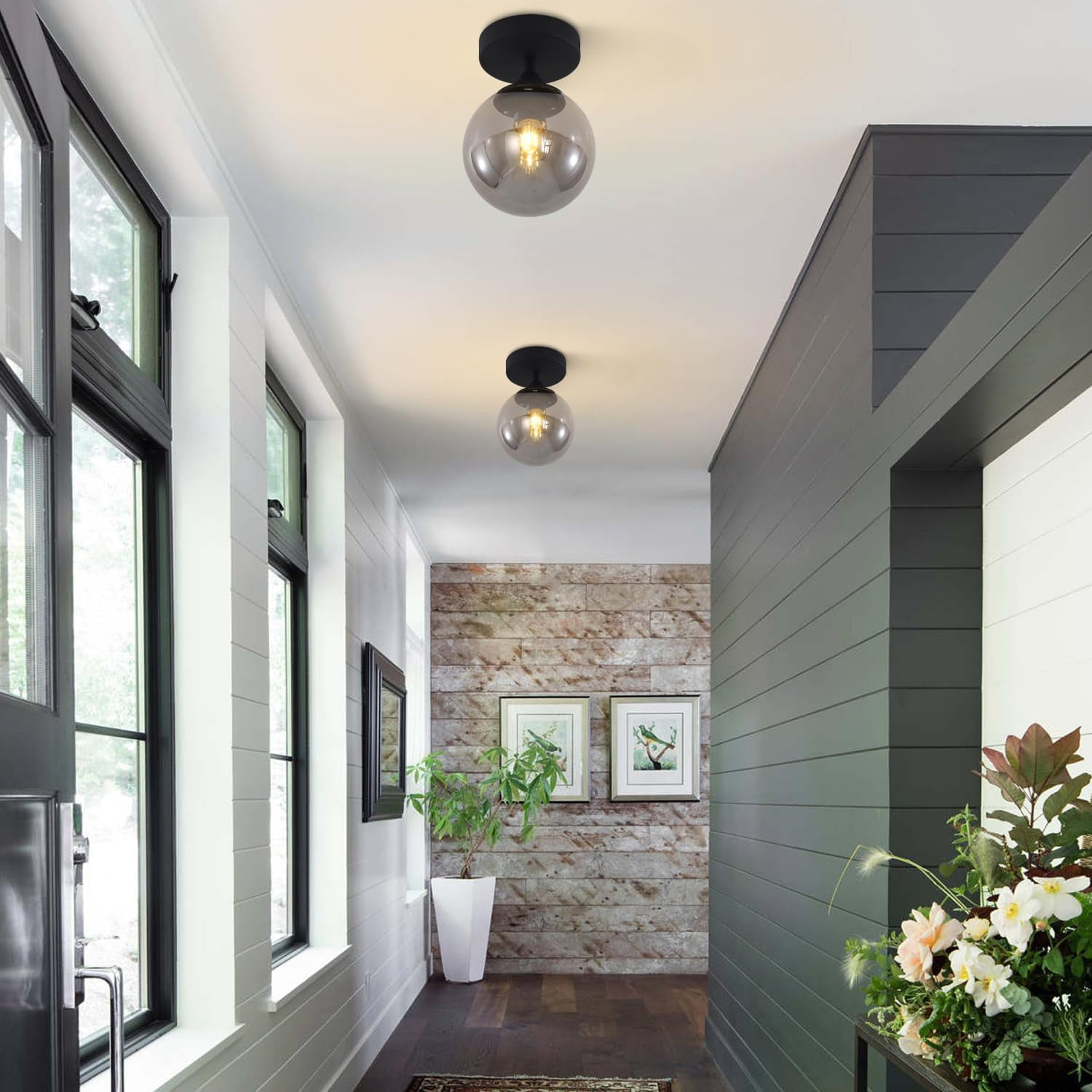 KCO Lighting Mid Century Modern Black Ceiling Light, Smoke Grey Glass Ceiling Light, Industrial Hallway Close to Ceiling Lights