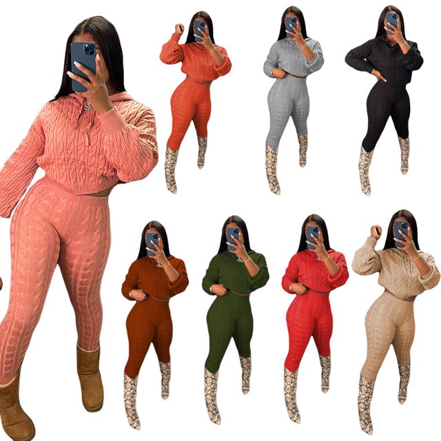 CN0193 European and American Women‘s High Elastic Solid Color Anti-Pilling Knitwear Sweater Set Two-Piece Set