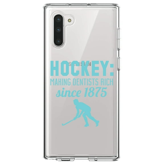 DistinctInk Clear Shockproof Hybrid Case for Samsung Galaxy Note 10 (6.3" Screen) - TPU Bumper Acrylic Back Tempered Glass Screen Protector - Hockey Making Dentists Rich Since 1875