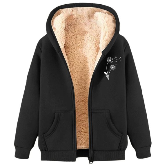 Womens HoodiesFleece Dandelion Print Thermal Zipper Pocket Hooded Long Sleeve Jacket Outdoor Wear Women's Sweatshirts L