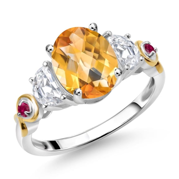 Gem Stone King 925 Silver and 10K Yellow Gold 3-Stone Ring Oval Checkerboard Yellow Citrine and Moissanite (2.15 Cttw, Size 9)
