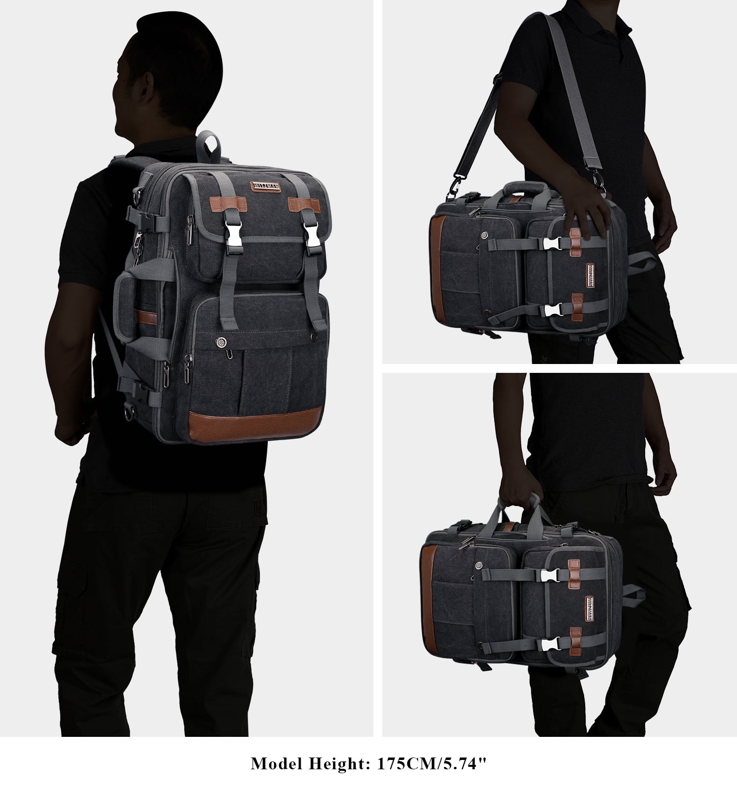WITZMAN Canvas Travel Backpack for Men Women Expandable Large Carry on Duffel Bag Backpack for Airplane Fit 17 inch Laptop (A6617-3 Black)