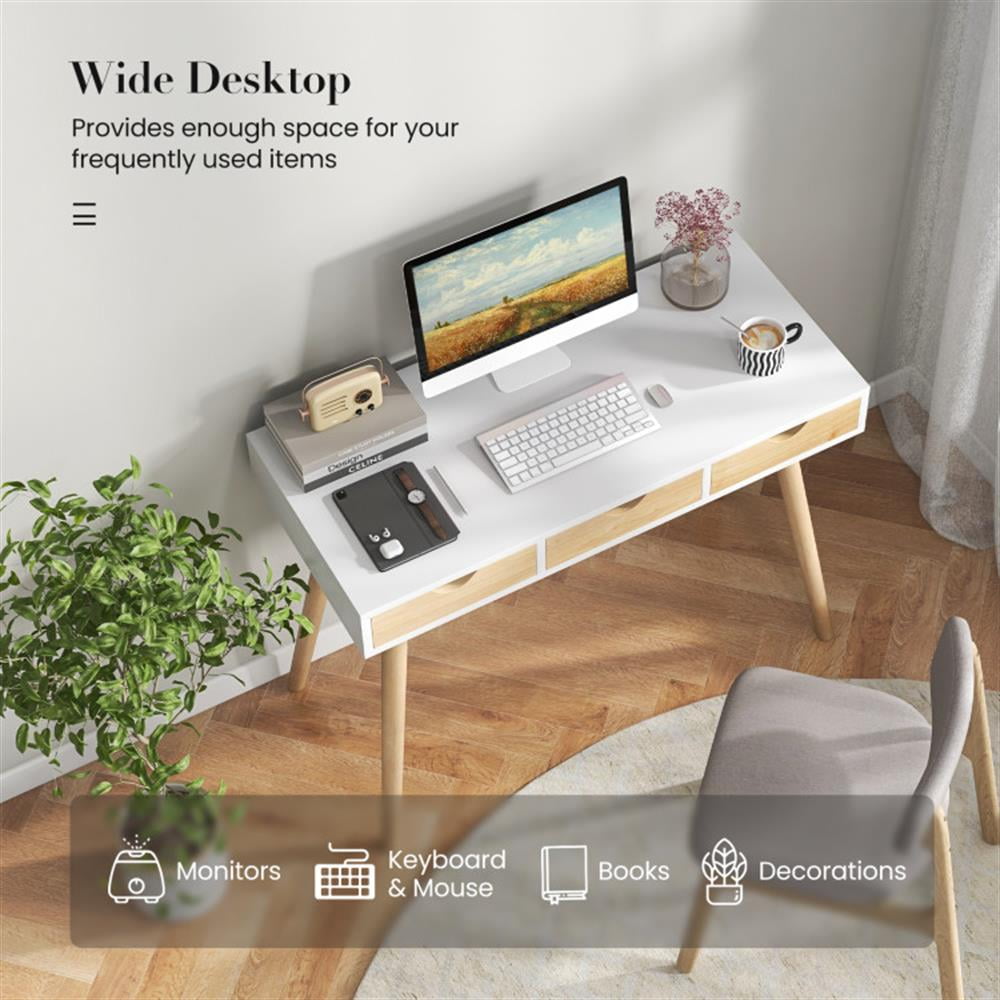 Demi Bonn Computer Desk with 3 Drawers and Solid Rubber Wood Legs for Home Office Desk Study Writing Table, White