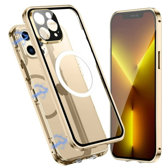 Feishell for iPhone 13 Pro 6.1 inch Clear Slim Case,Luxury Plating Frame Strong Magnetic Support Wireless Charging Shockproof All-Inclusive Lens Protector Back Cover.For iPhone 13 Pro,Gold