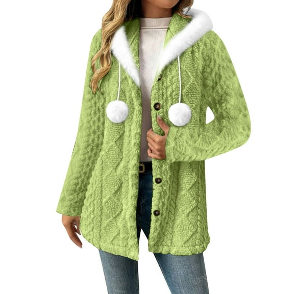 OGLCCG Christmas Fleece Coats Women Casual Cable Knit Faux Fur Hooded Cardigan Soft Open Front Fuzzy Fur Pom Button Down Warm Jackets