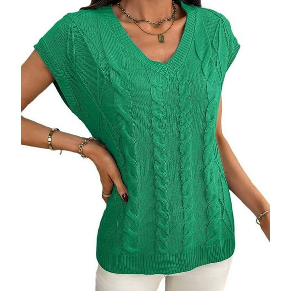 Womens V Neck Sweater Vest Cap Sleeve Cable Knit Casual Loose Fit Pullover Green L